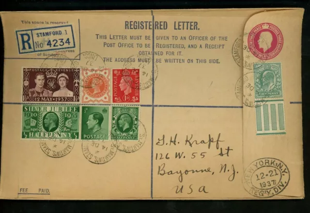 Postal History Great Britain H&G #C58b Registered 1937 Stamford to Bayonne NJ