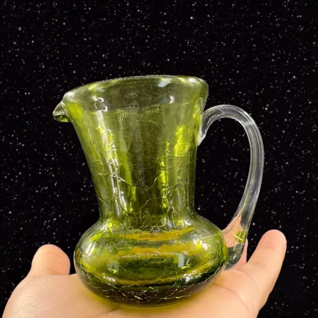 Hand Blown Crackled Art Glass Small Pitcher Creamer Green W Clear Handle Vintage 3