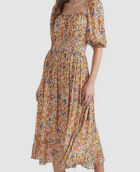 $495 Shoshanna Women's Beige Celia Puff-Sleeve Smocked MIDI-Dress Size 10