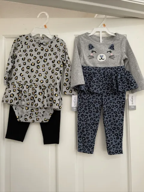 NWT 2~Carters Baby Girl Outfits Leggings And Long Sleeve 12 Month’s "2 OUTFITS"