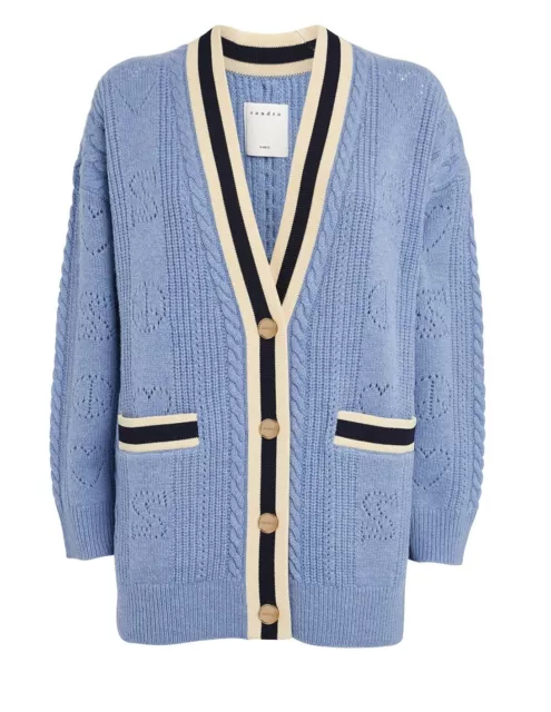 Sandro Paris Blue Long Knitted Cardigan Size 1 UK 8 Oversized Wool Stripe Trim