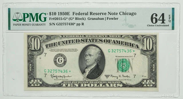 1950 E Series $10 Ten Dollar FRN Fr #2015-G* Granahan/Fowler PMG Graded 64 EPQ