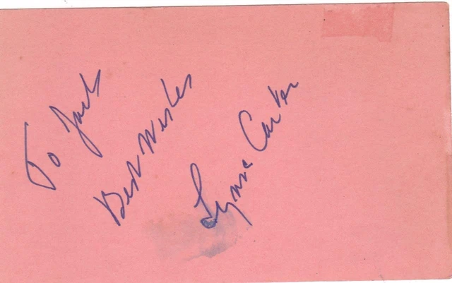 LYNNE CARTER d. 1985 Signed To Jack 3X5 Index Card Actor/The Man From ORGY COA