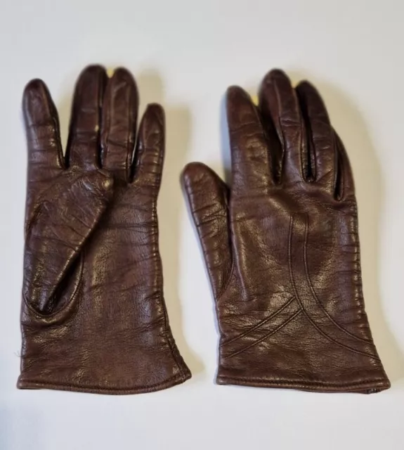 Women's vintage brown leather fur lined winter gloves size 7 small/medium