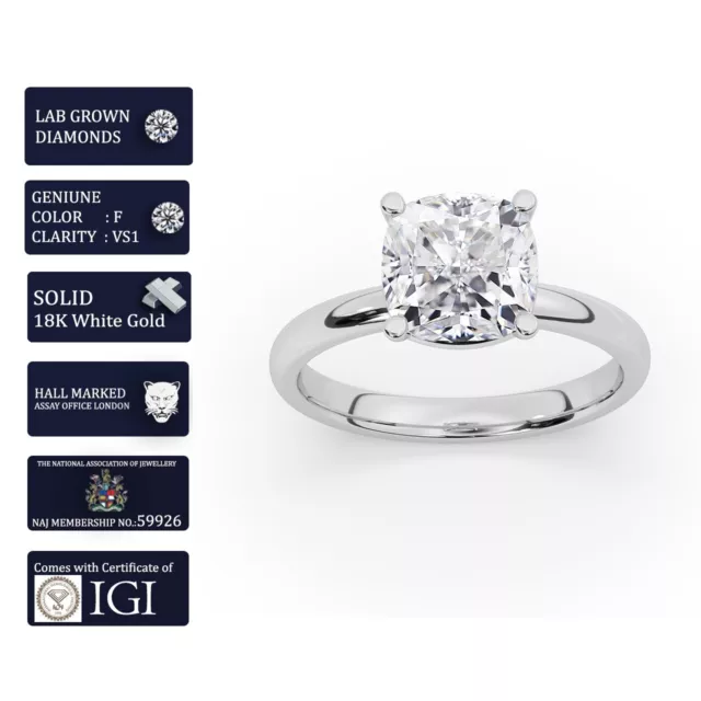 IGI,2 CT, Solitaire Lab-Grown Cushion Diamond Engagement Ring, 18K White Gold 3