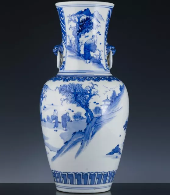 Fine 19Thc Chinese Blue & White Landscape Vase Transitional Kangxi Design Marked