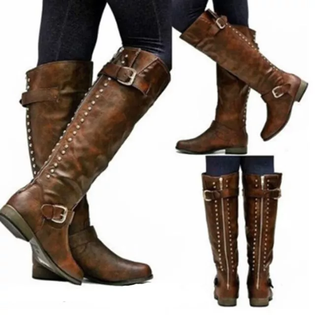 WOMEN'S ROUND TOE Low Heel Studded Mid-Calf Knee High Casual Boots ...