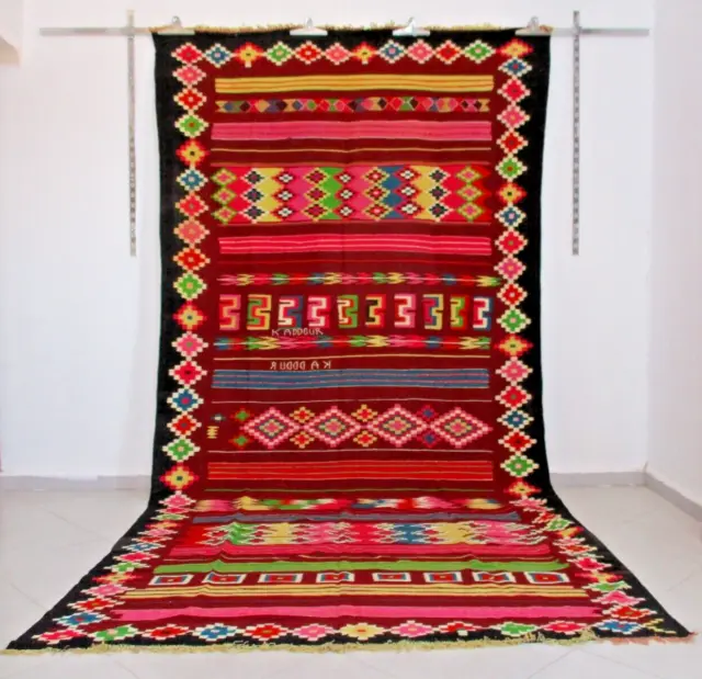 Vintage Moroccan Handmade Kilim Rug Geometric Berber Old Rug Authentic Carpet