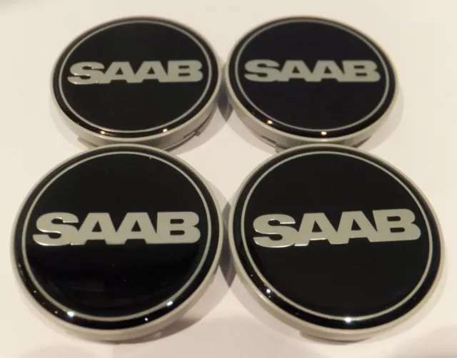 4 X SAAB Black Alloy Wheel Centre Hub Cap Badge (Set of 4) 63mm 9-3 9-5 900 NEW.