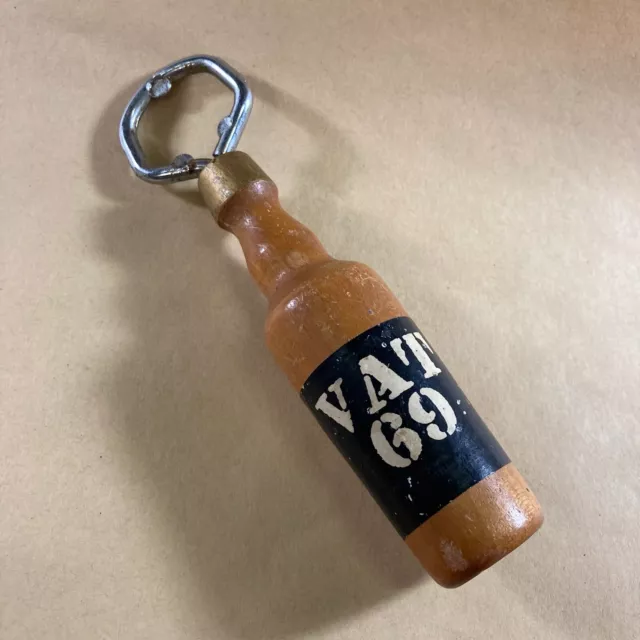 Collectable Vintage Vat 69 Advertising Wooden Bottle Shaped Lid Opener Whisky