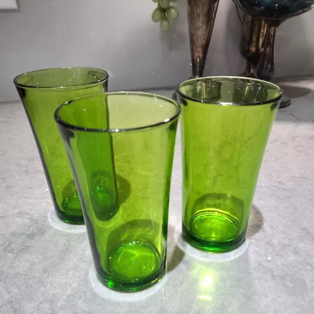 Set Of 3 Green Duralex France Tall Glass Tumblers Vintage 1970's