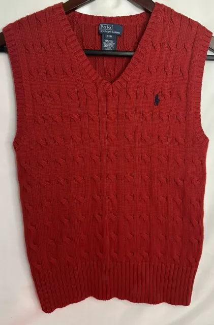 Ralph Lauren Polo Cable Knit Red Sweater Vest Cotton V-Neck Boys Size 8