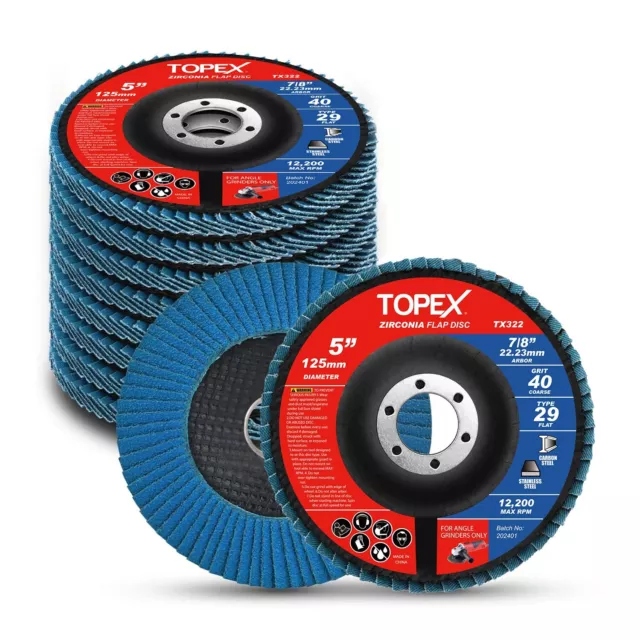 TOPEX 125mm Zirconia Flap Disc, 40/60/80/120 Grid, 10Pack