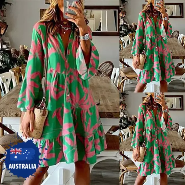 Women Boho Print V-Neck Long Sleeve Swing Dress Holiday Casual Loose Shirt Dress