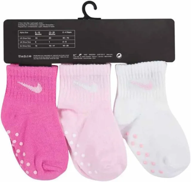 3 Pair Nike Baby Girl's Infant Gripper Ankle Socks Pink White 12-24 months