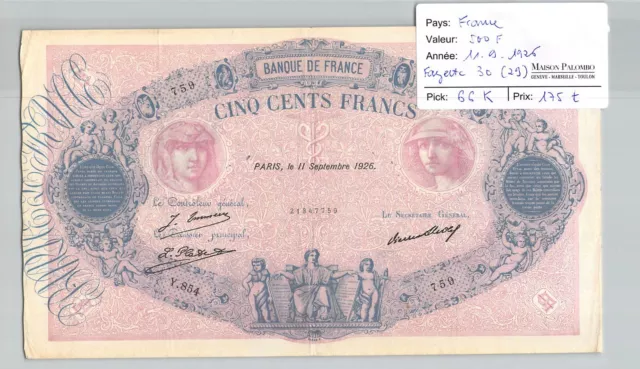 BILLET FRANCE - 500 Francs - 11/9/1926 - Fayette 30(29) Pick 66k - N°759