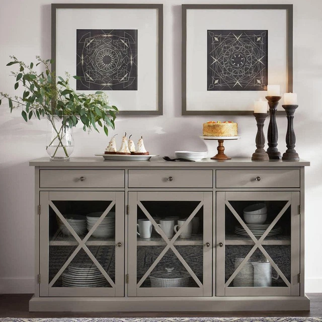 Home Decorator Sideboard/Buffet Table 33"x62" Glass Door W/ Drawer + Shelve Gray