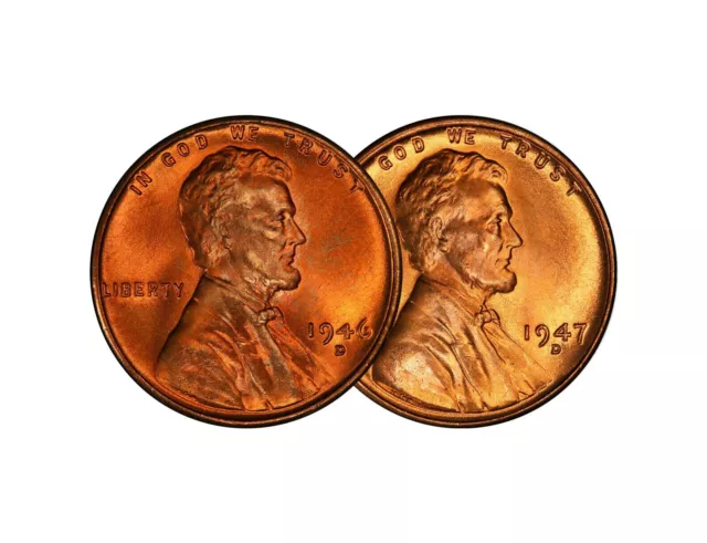1946 D & 1947 D Lincoln Wheat Cent Choice BU 1c Brilliant Uncirculated - 2 Set