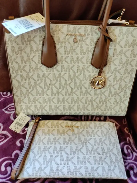 Michael Kors Signature Maple Large Handbag+ Wallet Satchel Vanilla/Luggage NWT