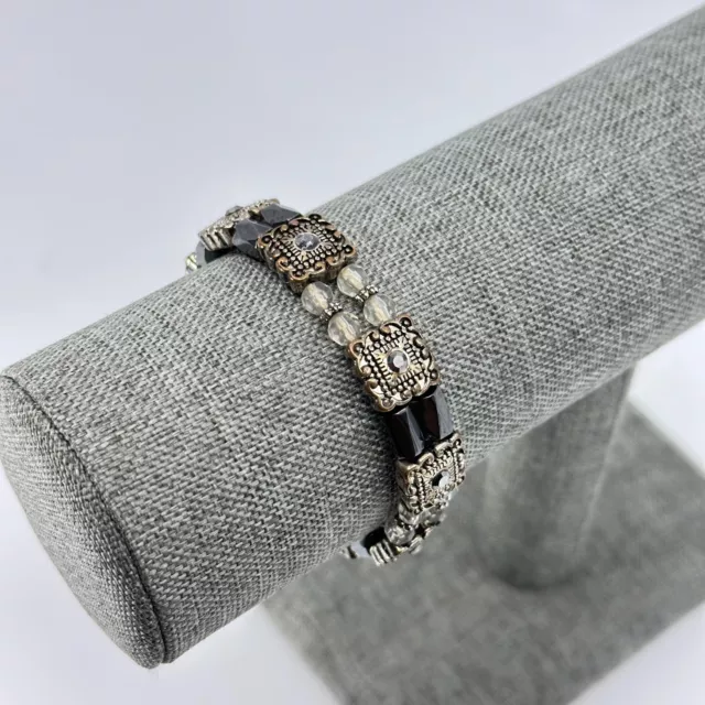 Womens Bracelet Beaded Hematite Rhinestone Silver Tone Stretchy Estate Costume