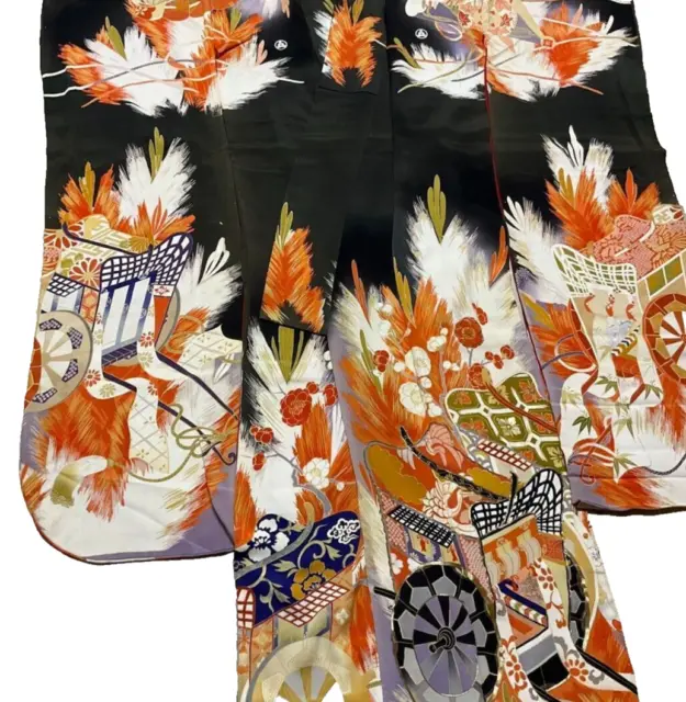 Japanese Kimono Silk Furisode Vintage Traditional Pine trees plum blossoms (a7)