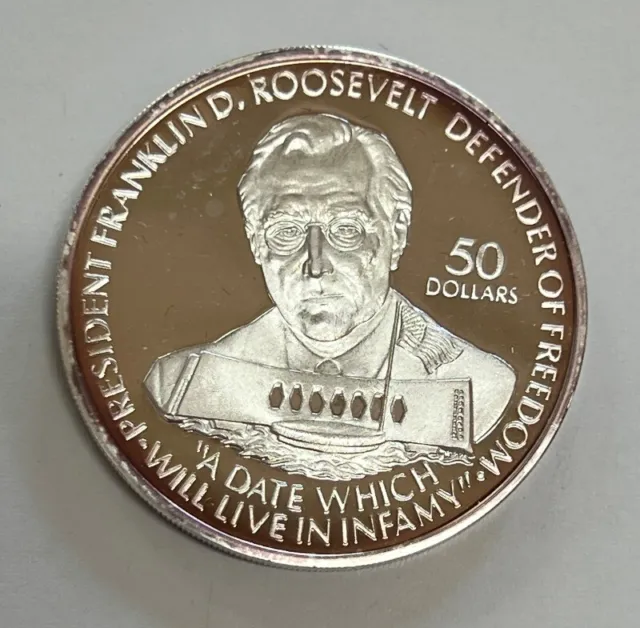 1990 Niue 50 Dollars Roosevelt 1 Troy Ounce .999 Silver Coin Proof