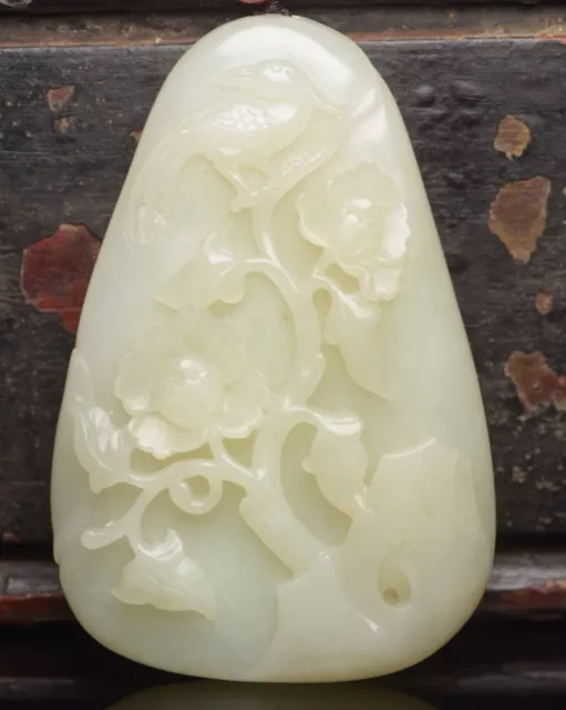 Chinese Natural Hetian Jade Excellent Carving Magpie Flower Statue Pendants Art