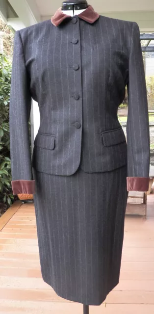 Vintage 80s Ralph Lauren Gray  Chalk Stripe Skirt Suit 2 Pc Wool Velvet 10