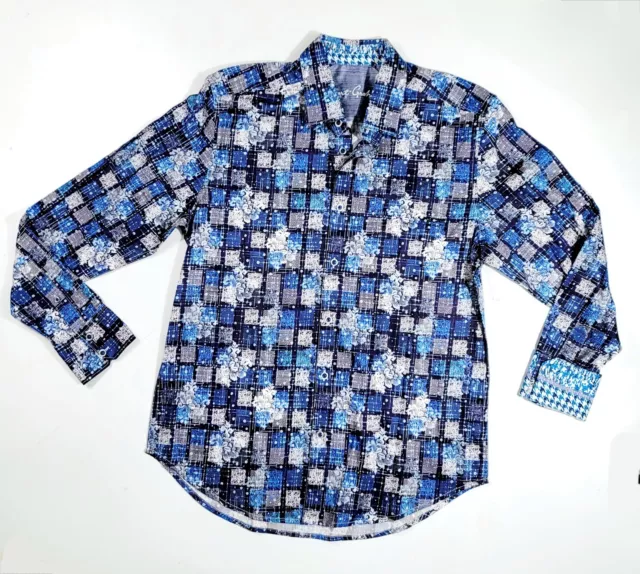 ROBERT GRAHAM Mens MEDIUM Blue Multi Patterned Long Sleeve Button Up Dress SHIRT