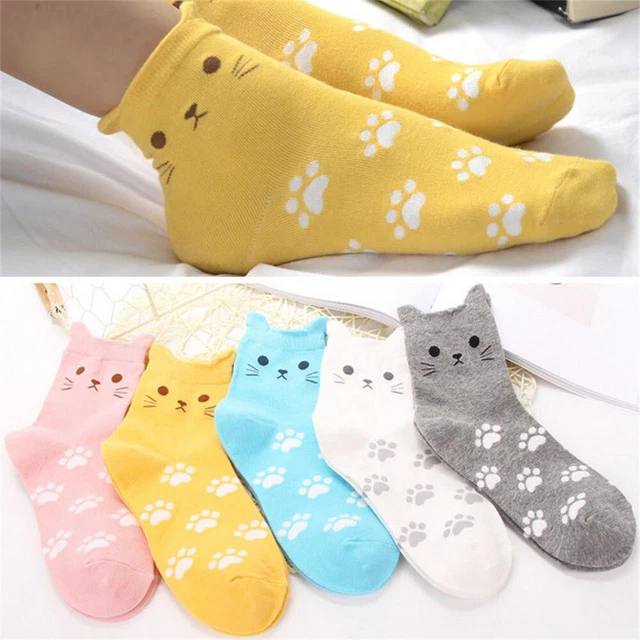 Women Cute Cartoon Cat Footprints Pattern Casual Socks Cotton Tube Sock