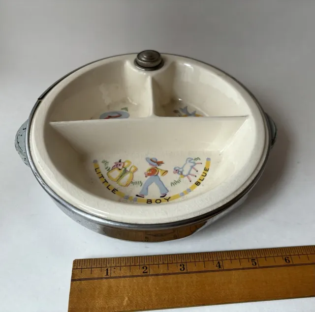 Vintage Bartsch Ceramic Chrome Plated Divided Baby Warming Dish Little Boy Blue