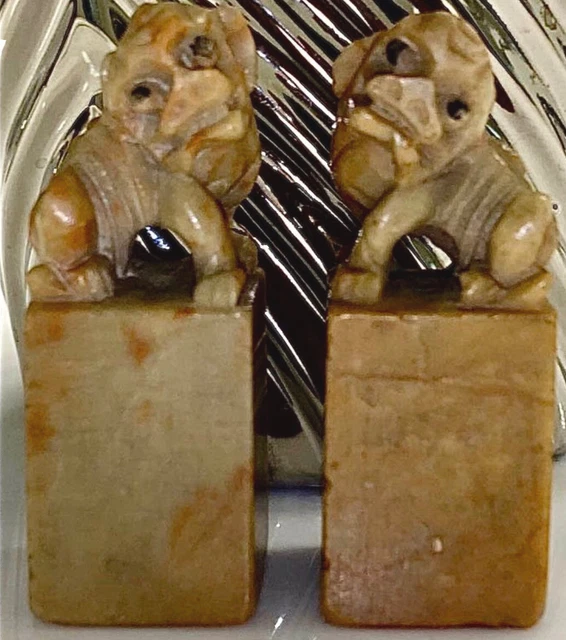 2 Antique original Foo Dogs Chinese Carved SoapStone Seals Stamps