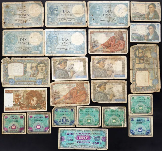 23pcs FRANCE 1931-1976 Bulk Circulated Banknote Lot Mostly WWII AMC Vichy etc.