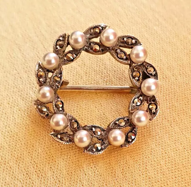 Vintage Art Deco Sterling Silver Pearl and Marcasite Lace, Doll Brooch Pin