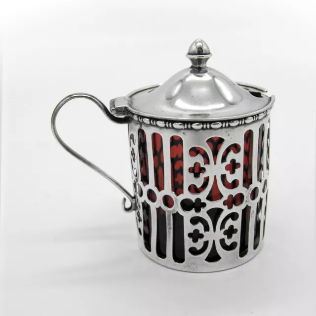 Open Work Mustard Pot Gorham Sterling Silver Cranberry Red Glass