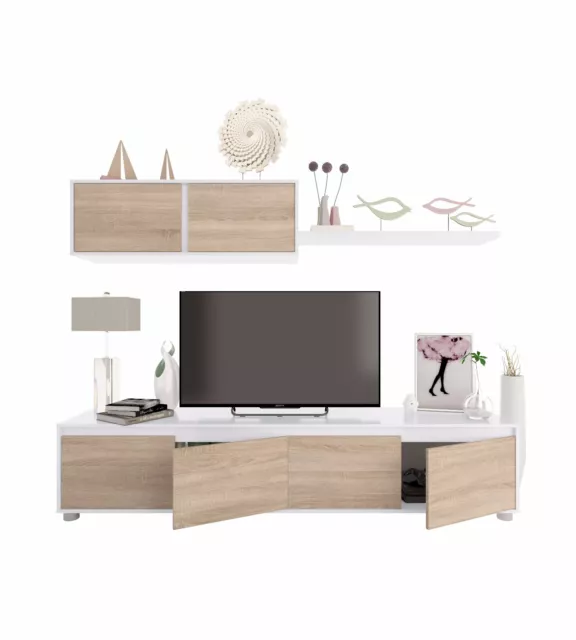 Mueble de comedor moderno salon completo, Blanco Artik y Roble Canadian, Alida