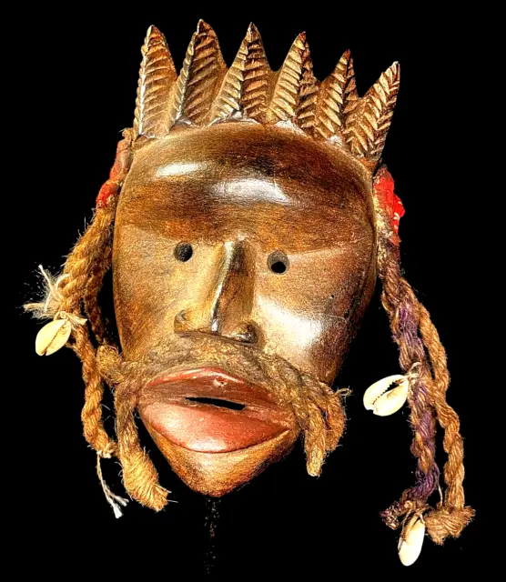 African Tribal Face Hand Carved wood Dan Tribe Mask cowrie shells Mask -6607