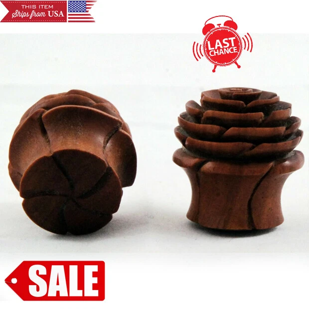 Organic Handmade Wood Double Flared Carved Rose Ear Plugs Gauges 1/2"-13/16" US