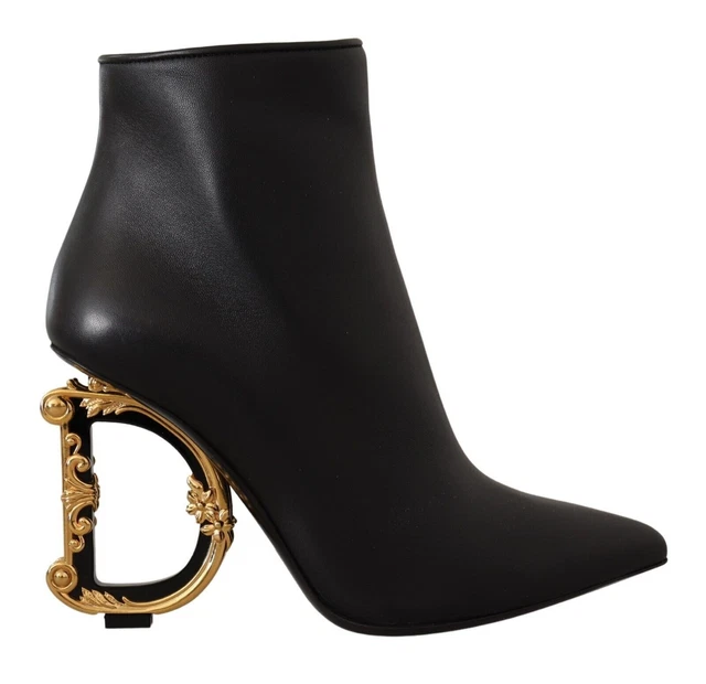 Dolce & Gabbana Black Nappa Leather Baroque DG Heel Boots 37 / 7 * 37.5 / 7.5