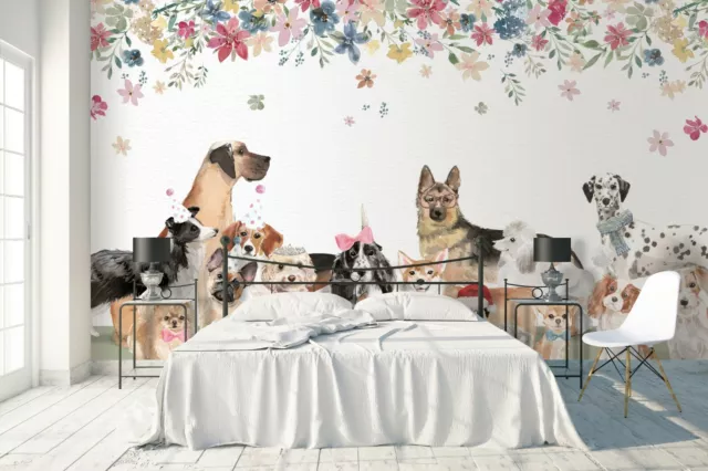 3D Cute Dog Floral Self-adhesive Removable Wallpaper Murals Wall 112