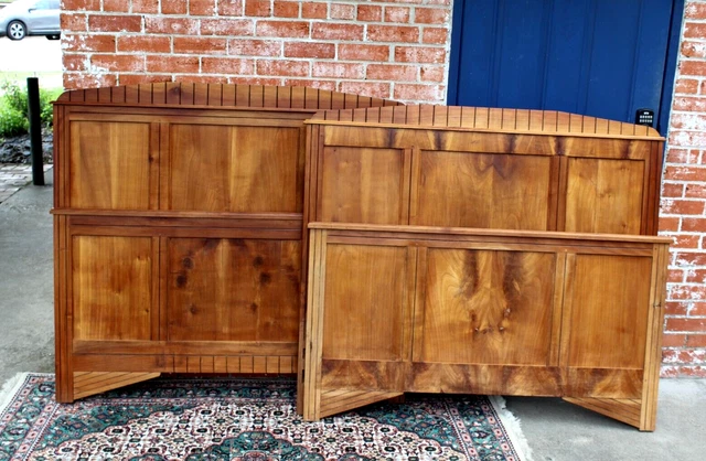 Pair Of French Antique Carved Burled Walnut Art Deco 3/4 Size Bed w. Rails