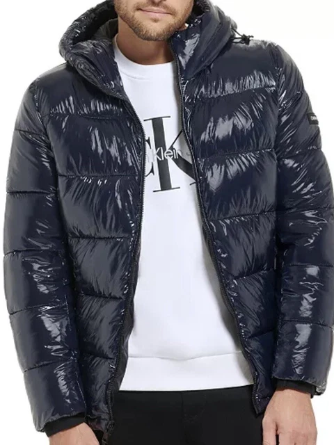 $250 Calvin Klein Mens Blue High Shine Quilted Puffer Coat Jacket Size M NO HOOD