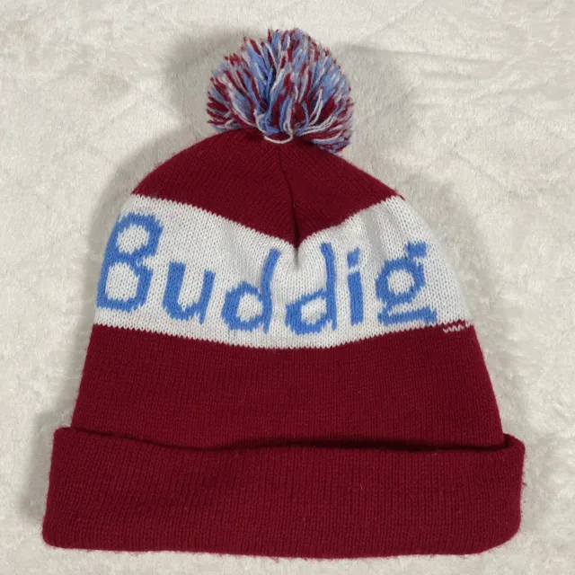 Vintage Carl Buddig Pom Beanie Cuffed Knit Winter Hat Ski Cap Red White Blue