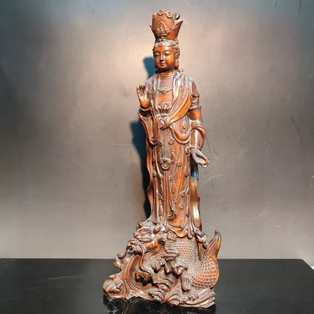 Buddhism Carved Sharks kwan yin Guan Statue Wooden Quan Bodhisattva Praying Rare