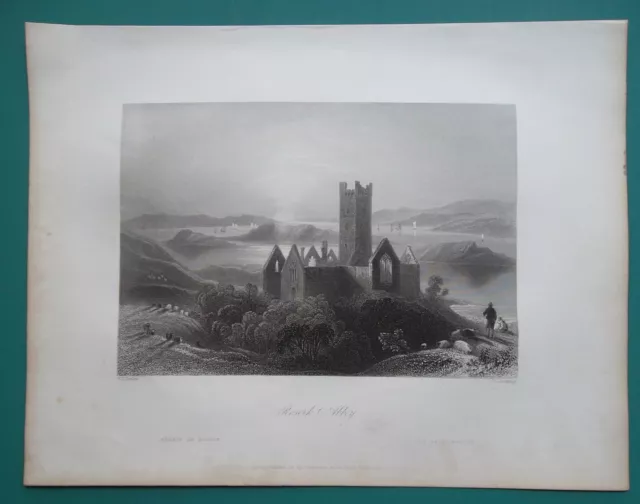 IRELAND Rosark Abbey near Ballina - 1841 BARTLETT Antique Print