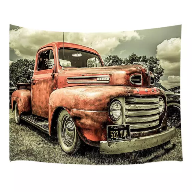 Vintage Red Truck Tapestry Car Wall Hanging Art Fabric Poster Gray Room Decor