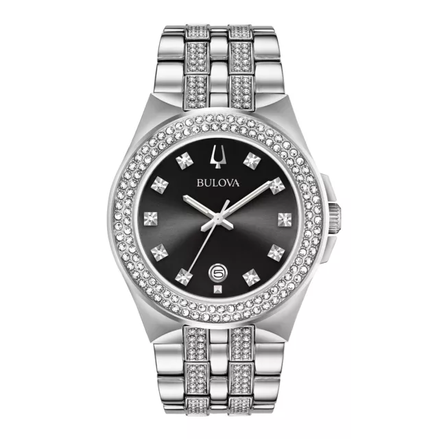 Bulova Mens $550 Dazzling Crystals Silver Dress Black Dial Watch 96K102