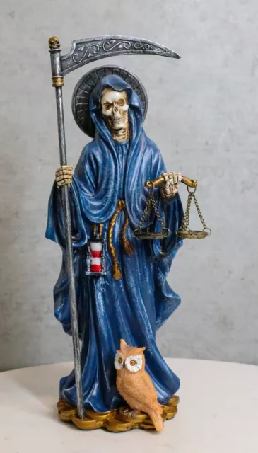 Standing Blue Santa Muerte With Scythe Scales of Justice And Wise Owl Figurine