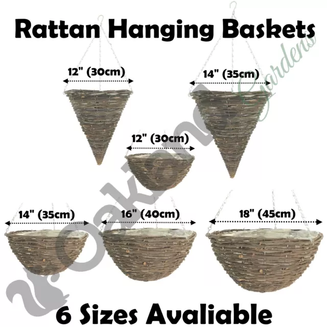 Rattan Hanging Baskets 12" 14" 16" 18" Lined Planter With Wire Chain Round Coned