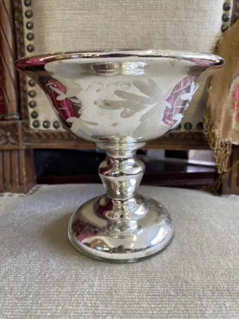 Victorian Antique Mercury Glass Murano Compote Pedestal Bowl Silver&Flowers Cup